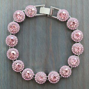 12mm 8inches Pink Round Halo Diamond Chain Pink Rhinestones Silver Plated